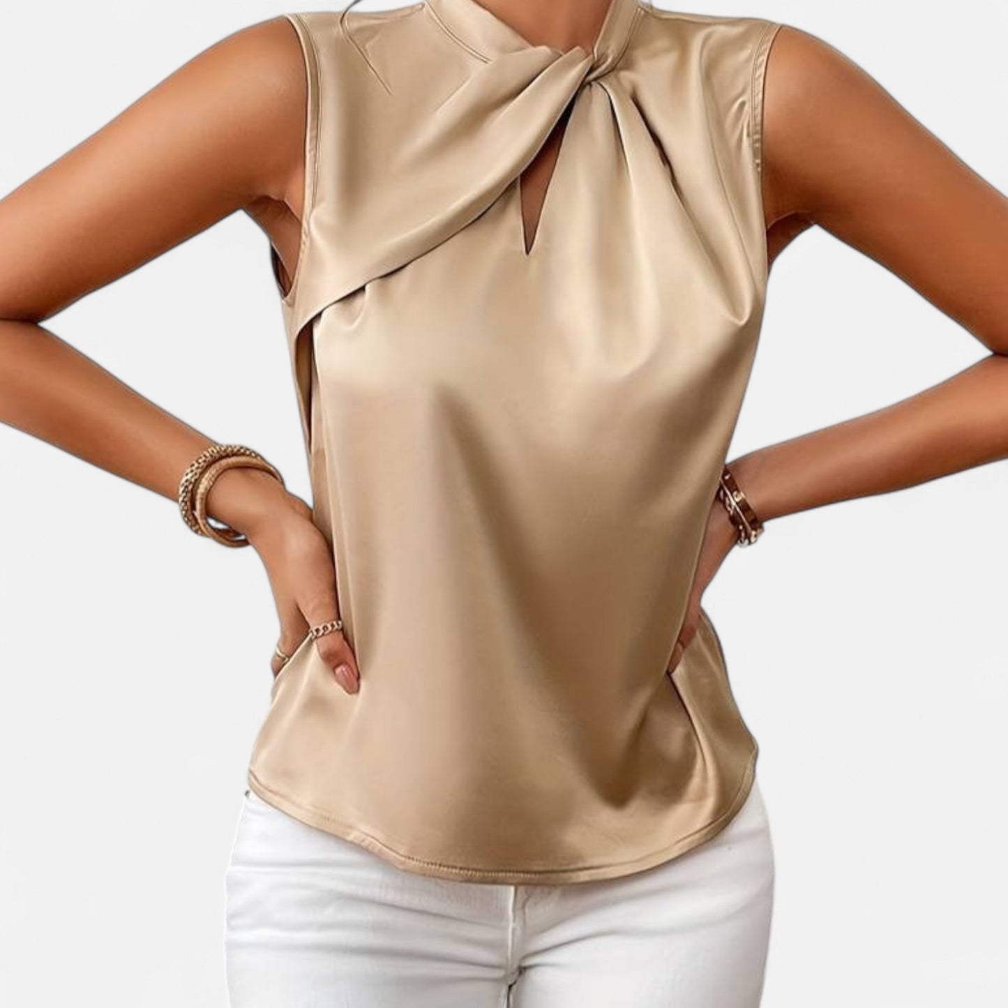 Meloir | Blouse Satinée Sans Manches à Col Torsadé – Brillance Subtile, Élégance Sculptée