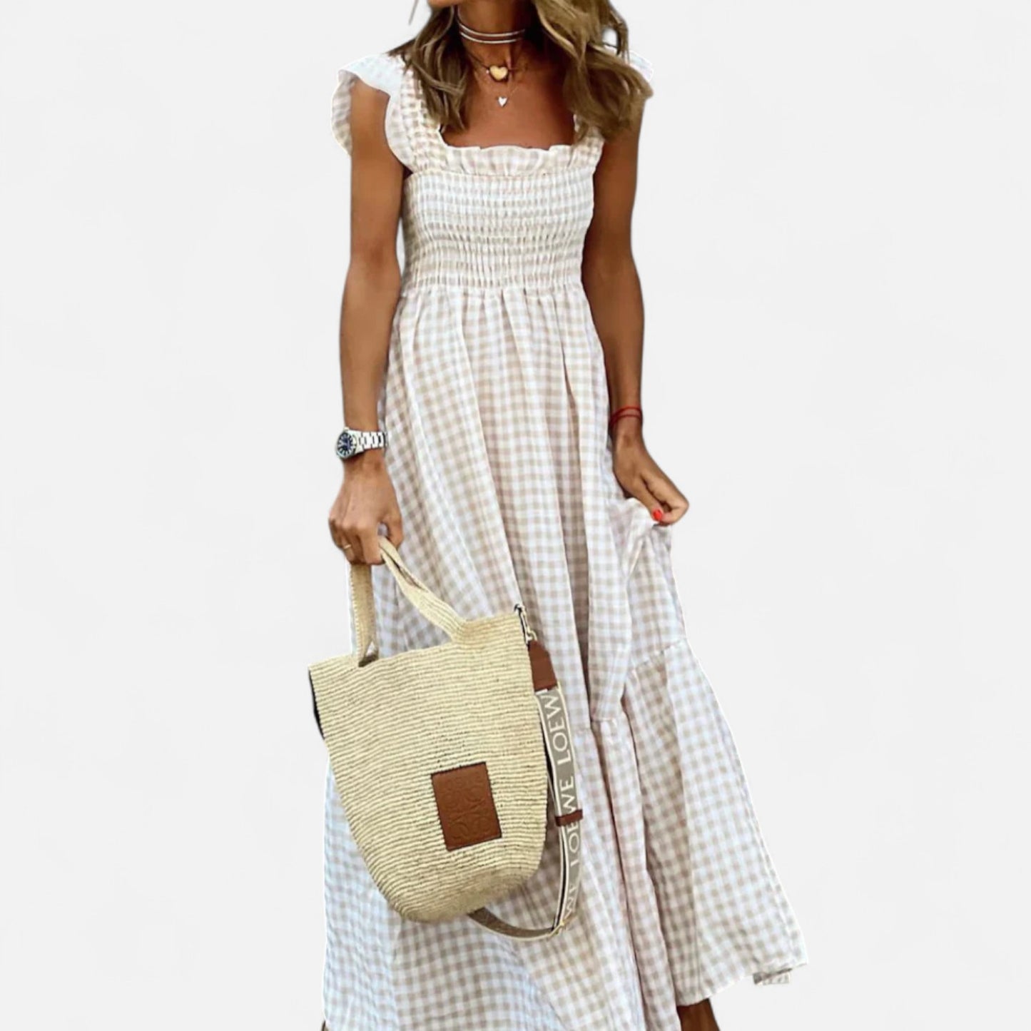 Meloir | Robe Longue Femme à Carreaux avec Smocks et Manches Volantées – Charme Champêtre, Élégance Moderne