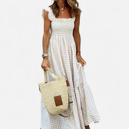 Meloir | Robe Longue Femme à Carreaux avec Smocks et Manches Volantées – Charme Champêtre, Élégance Moderne