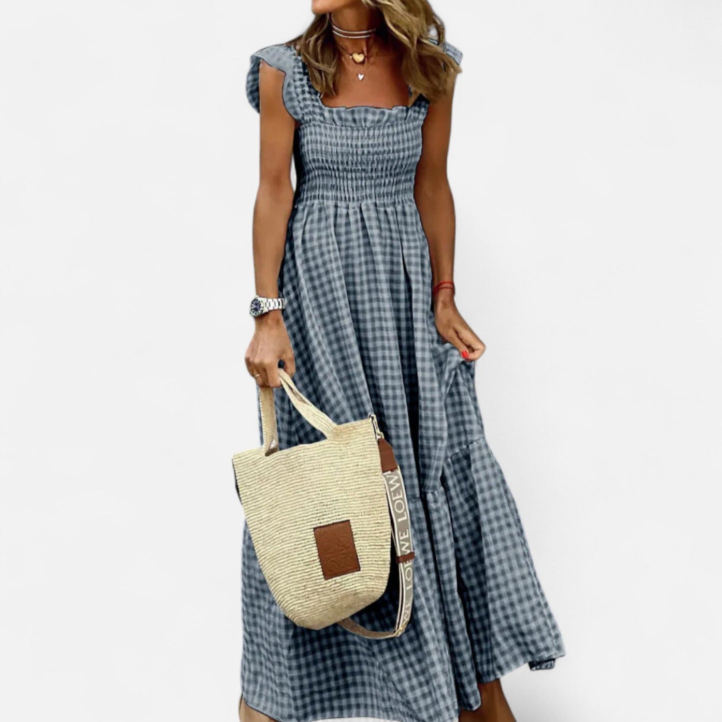 Meloir | Robe Longue Femme à Carreaux avec Smocks et Manches Volantées – Charme Champêtre, Élégance Moderne