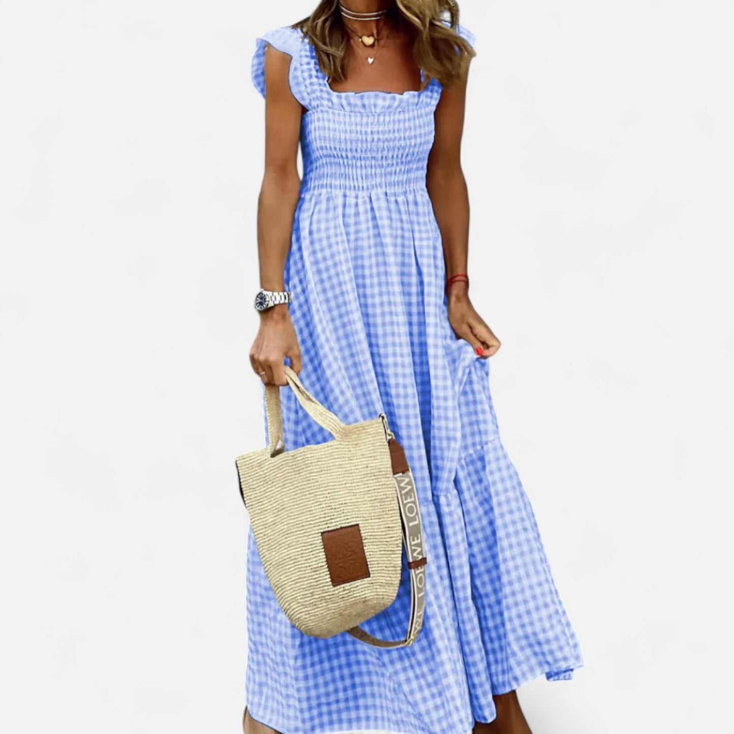 Meloir | Robe Longue Femme à Carreaux avec Smocks et Manches Volantées – Charme Champêtre, Élégance Moderne