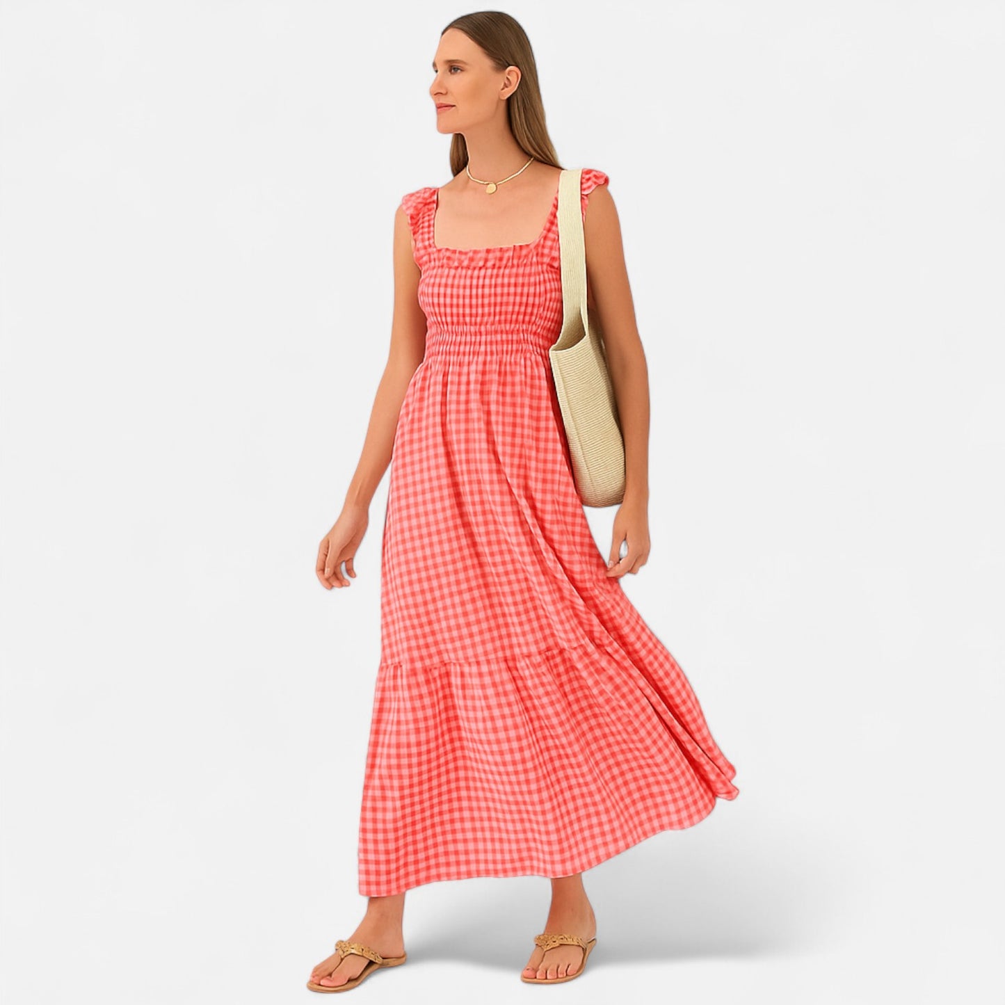 Meloir | Robe Longue Femme à Carreaux avec Smocks et Manches Volantées – Charme Champêtre, Élégance Moderne
