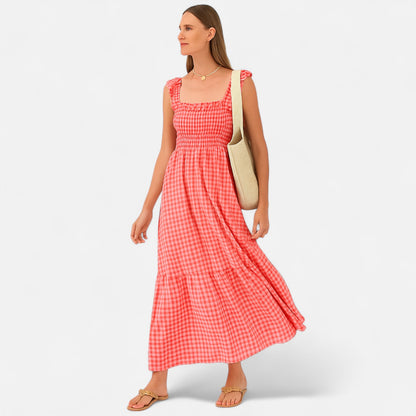 Meloir | Robe Longue Femme à Carreaux avec Smocks et Manches Volantées – Charme Champêtre, Élégance Moderne