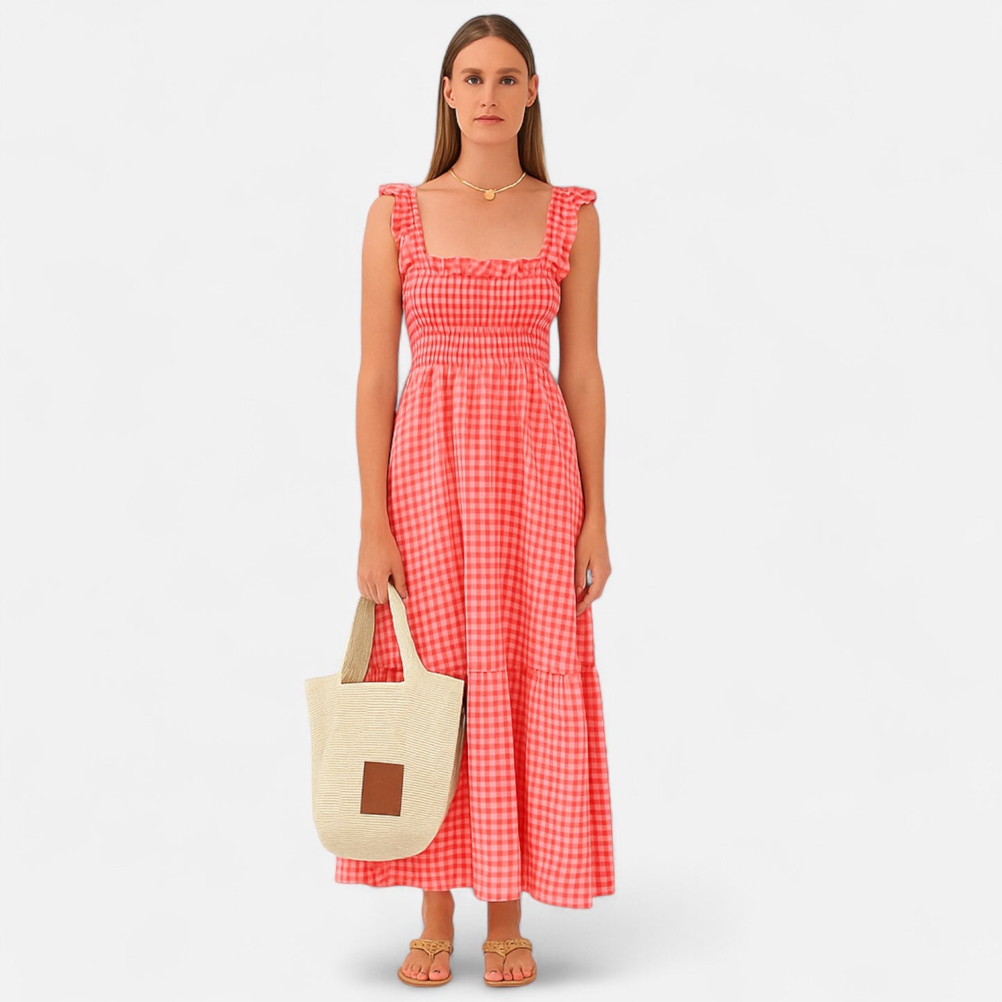Meloir | Robe Longue Femme à Carreaux avec Smocks et Manches Volantées – Charme Champêtre, Élégance Moderne